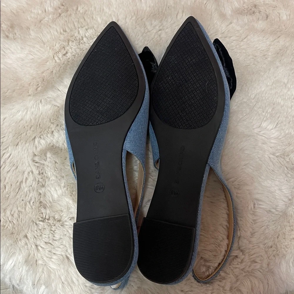 Bandolino Simona Denim Pointy Slingback Flats with Black Velvet Bow